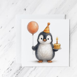 Penguin Birthday Card: Watercolor Party Animal with Cake