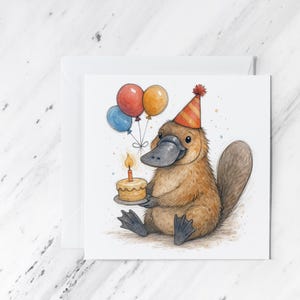 Birthday Platypus Card – Cute Watercolour Animal with Cake – Quirky Aussie Greeting – Blank Inside Funny Birthday Card