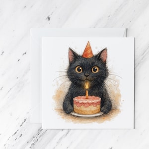 Black Cat Birthday Card: Watercolor Kitty with Cake