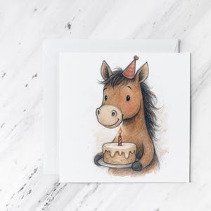 Birthday Horse Card – Cute Watercolour Pony with Cake – Funny Animal Greeting – Blank Inside Equestrian Card for Horse Lovers