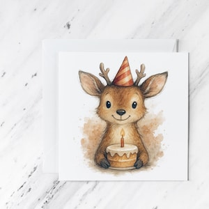 Deer Birthday Card: Woodland Animal Cake Illustration - Blank Inside