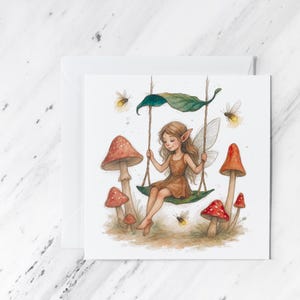 Forest Fairy Greeting Card: Mushroom Swing Watercolor Art - Cottagecore Stationery