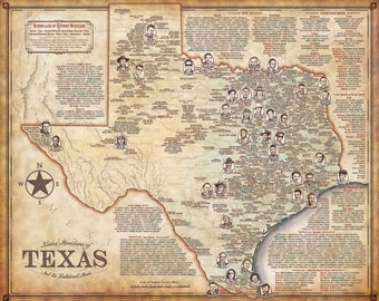 Texas Music Map - Birthplaces of 1000+ Native Musicians of Blues, Jazz, Country, Western Swing, Conjunto, etc. 24"x30" Illustrated Print