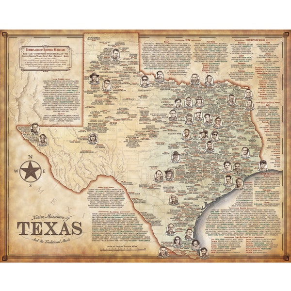 Texas Music Map - Birthplaces of 1000+ Native Musicians of Blues, Jazz, Country, Western Swing, Conjunto, etc. 24"x30" Illustrated Print
