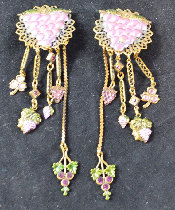 Earrings, Art nouveau look, 1980's Retro Grape Cl… - image 2