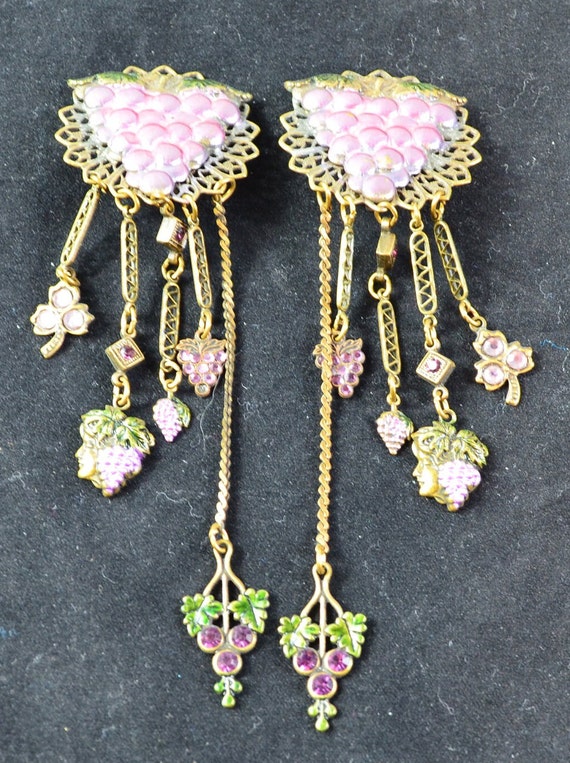 Earrings, Art nouveau look, 1980's Retro Grape Cl… - image 8