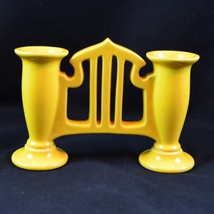 Roseville Art Pottery Yellow Double Bud Vase with Gate, Roseville, Ohio, Zanesville, Ohio, Circa 1915-1927.