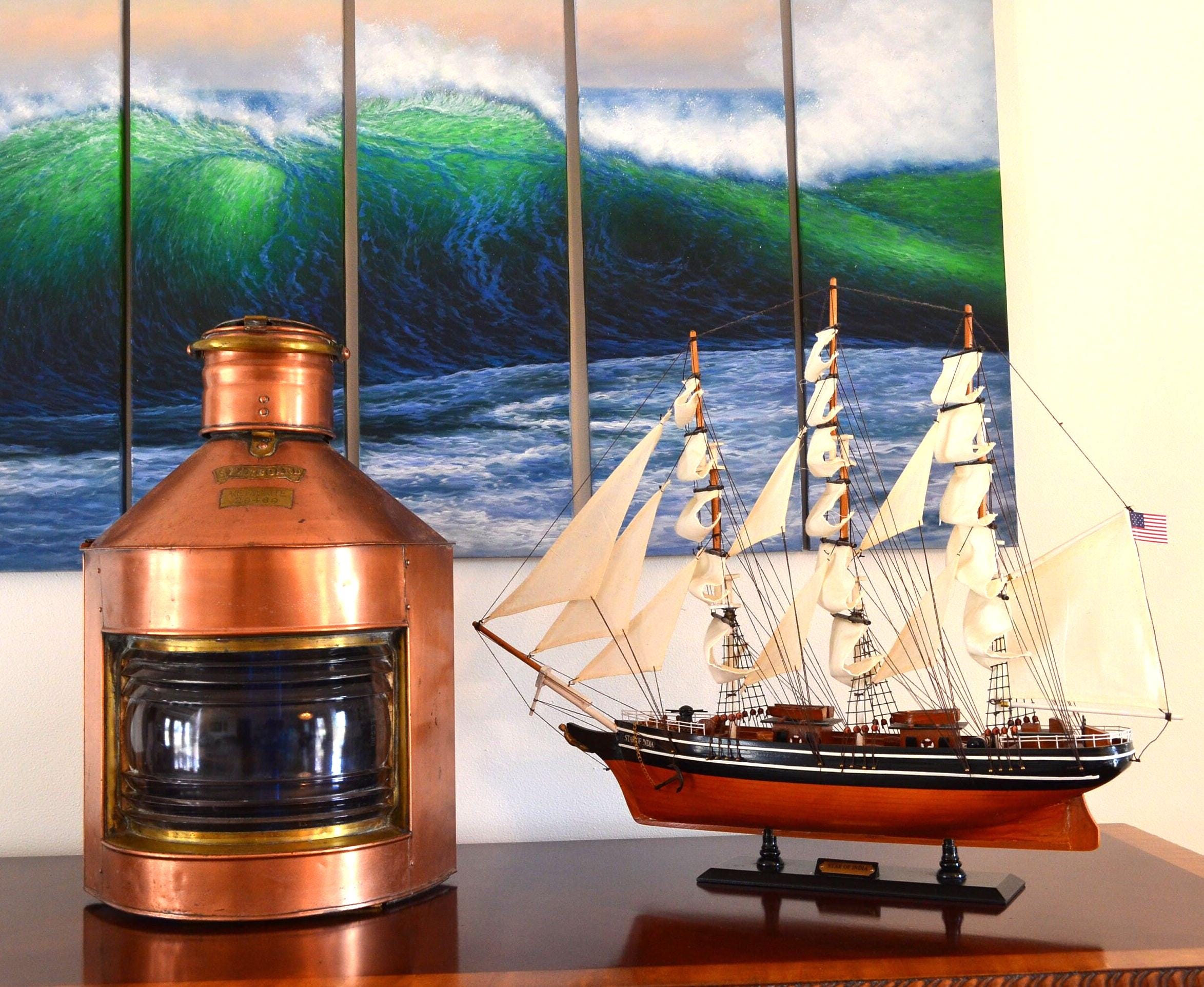 アンティーク銅製右舷船ランタン：フレネルブルーガラス、電化 - Etsy 日本