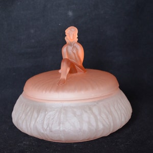 Powder Box, Pink Depression Era Glass Satin/Frosted Lidded Powder Box with Art Deco Lady