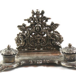 Silver Plated Bronze Desktop Rococo with Cherubs Double Inwell and Letter Holder (1920s)
