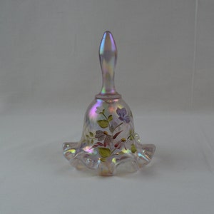 Fenton Opalescent Iridescent Pink Diamond Pattern, Hand-Painted, Signed Glass Bell