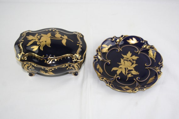 Cobalt Porcelain Trinket Box and Plate: Gold Flor… - image 1
