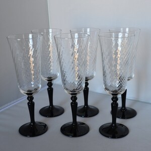 1980s Luminarc Swirl Optic Bowl on Black Stem Wine Flute; Set of 6