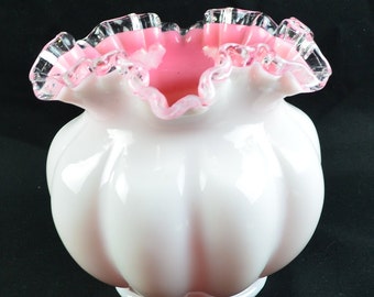 Fenton Peach Crest Vase: Hand-blown Milk Glass, Pink Interior