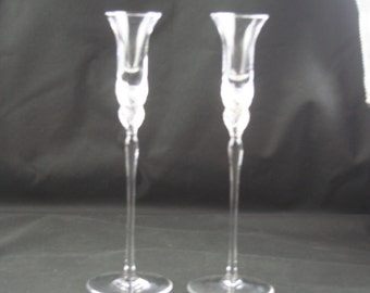Sasaki Crystal Candlestick Pair: Frosted Poppy Stem, Clear Glass (1990s)