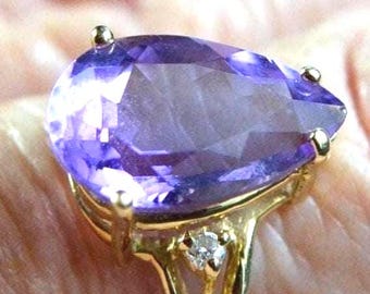 14K Pear/Tear Drop Amethyst 14mm x 9mm and Diamonds Size 7 Ring