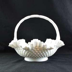 Fenton Milk Glass Hobnail Basket 11.25&quot; Wide X 9&quot; Tall X 4.25&quot; Deep, Crimped Ruffle. Hand-Blown Glass