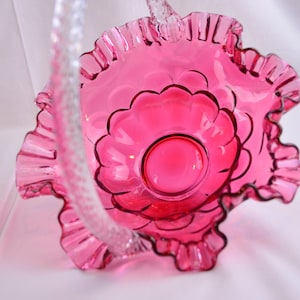Fenton Jacqueline Country Cranberry 9&quot; Brides Basket with Ruffled Edge and Clear Twisted Glass Handle