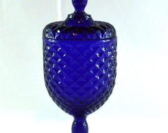 Cobalt Lidded Compote, Candy Dish, Apothecary Jar, Pineapple Pattern, Viking Yesteryear Collection, MCM Glass