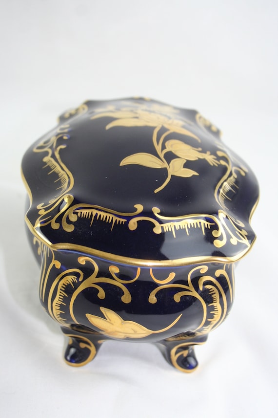 Cobalt Porcelain Trinket Box and Plate: Gold Flor… - image 6