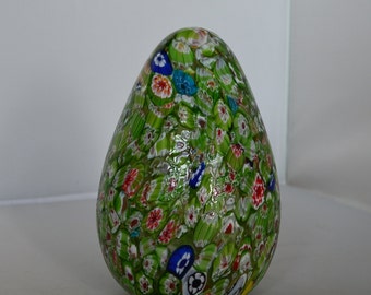 Millefiori Italian Murano Large Glass Egg Paperweight. 6 Inches tall 3.5 Inches wide.