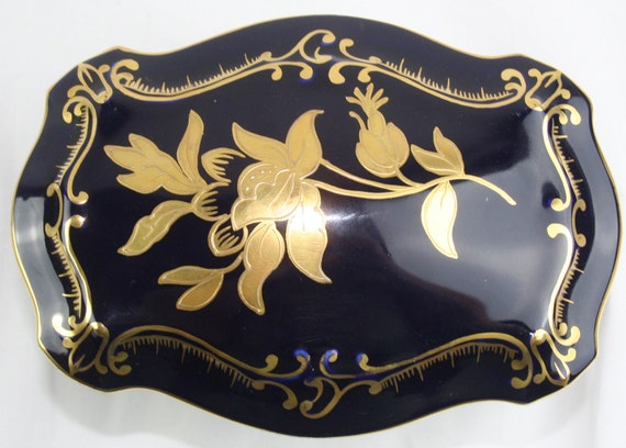 Cobalt Porcelain Trinket Box and Plate: Gold Flor… - image 3