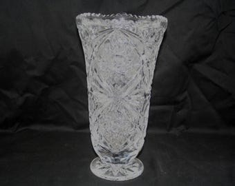 EAPG Hobstar Lead Crystal Vase: Deep Cut Diamond Pattern, Sawtooth Rim