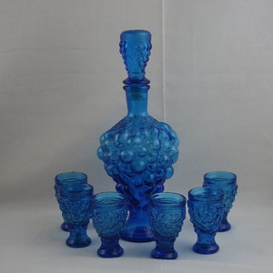 Royal Blue Empoli (made in Italy) Grapes Pattern Wine/Liqueur Decanter and Cordials (1960s).