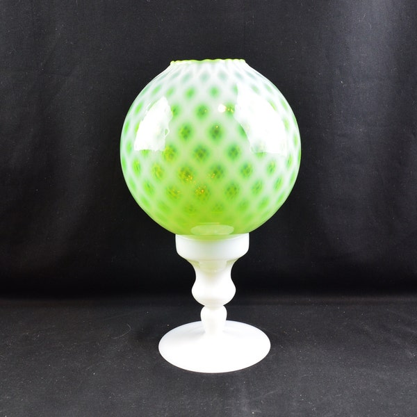 Fenton Diamond Optic Lime Green Opalescent Hand-Blown Glass Globe with Milk Glass Stand.