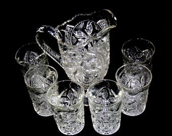 Indiana Glass Ferris Wheel Pitcher Set: EAPG Antique, 1910s