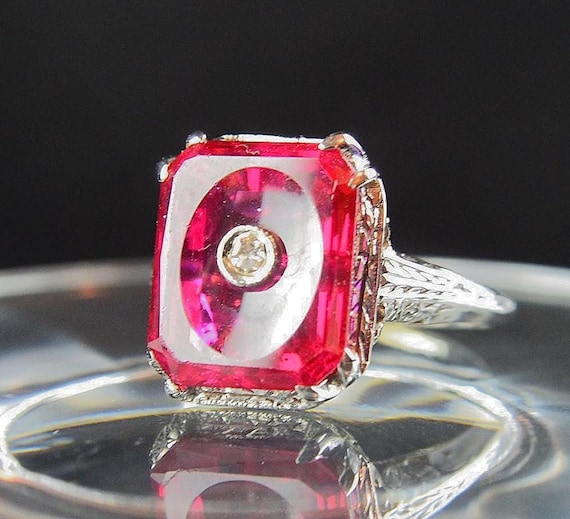 Antique Concave Ruby and Diamond Stamped 18K White Gold Ring Size 6.5