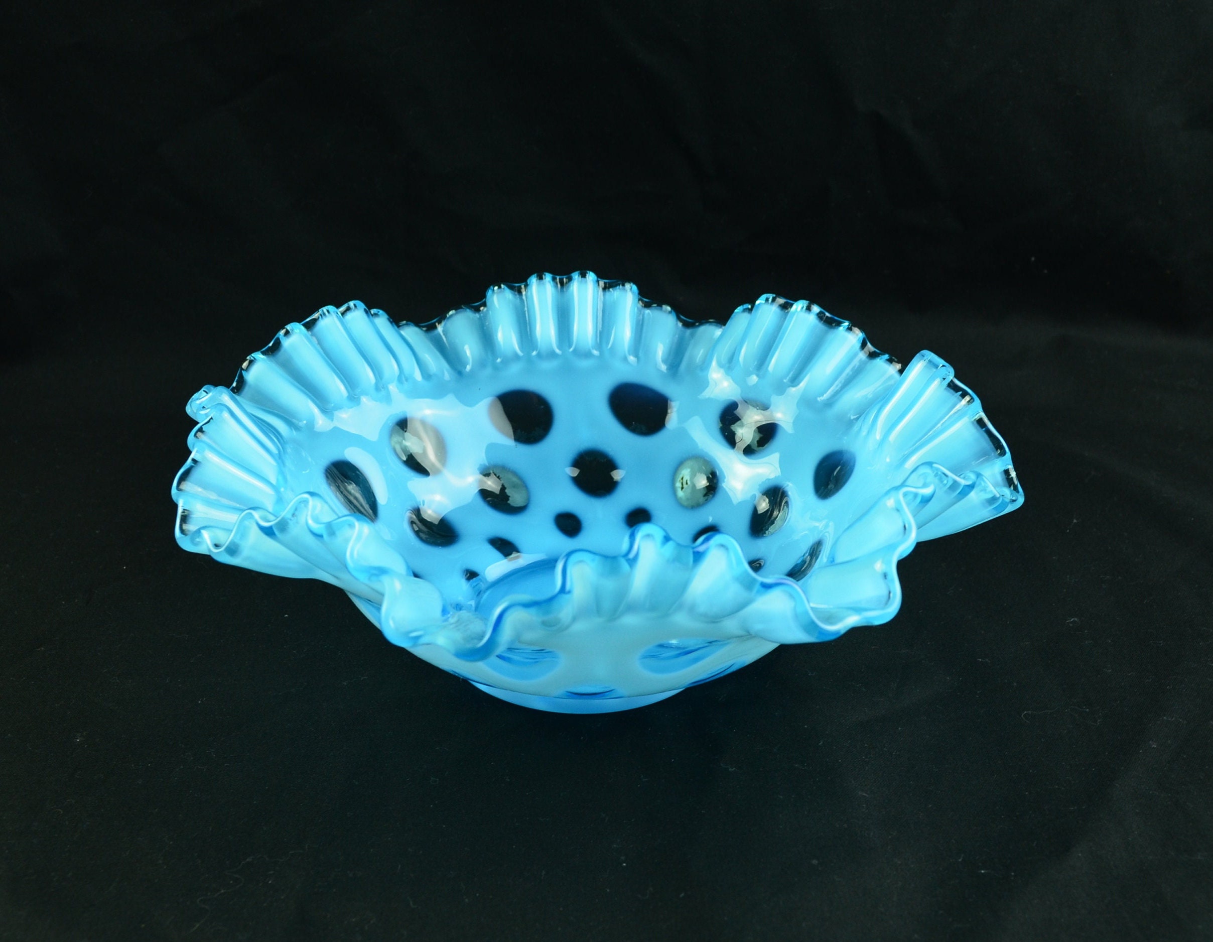 Fenton Blue Coin Dot Opalescent Cased Glass, Hand-blown With