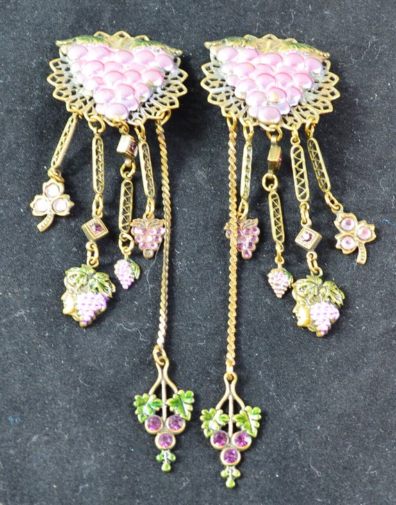 Earrings, Art nouveau look, 1980's Retro Grape Cl… - image 4