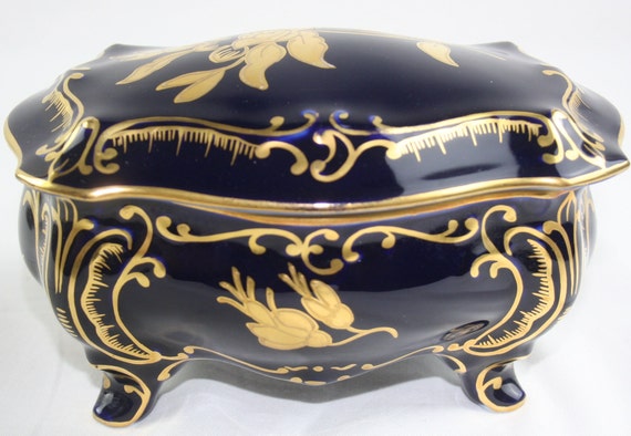 Cobalt Porcelain Trinket Box and Plate: Gold Flor… - image 2