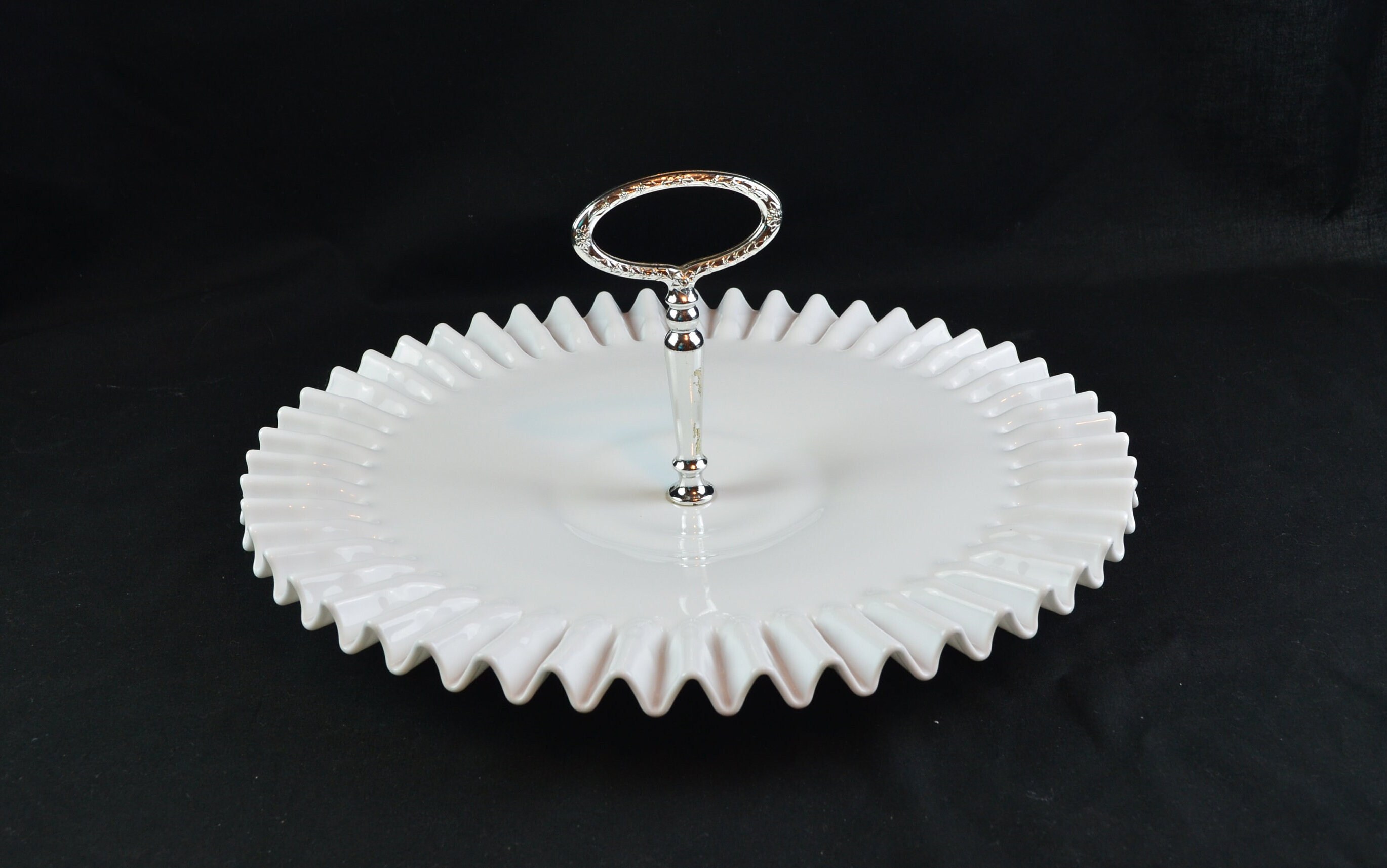 Fenton Milk Glass Hobnail Platter: Ruffled Edge Cake Plate With Silvertone  Handle - Etsy