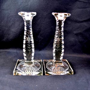 American Brilliant Cut, Etched, Pressed Glass Candlestick holders. 8&quot; Tall, 1920