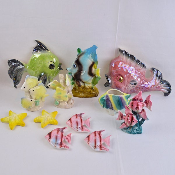 MCM Fish Decor Assorted Figurines and Wall Hangings Angel Fish, Fish Wall Pocket, Star Fish, Fish Planter. Tropic Treasures, San Clemente CA