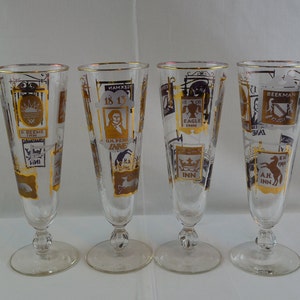 Libby Tavern Pilsner Vintage Glasses 1960&#39;s Set of 4, Gold and Frosted Motifs From Old Taverns