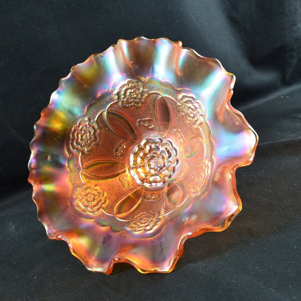 Carnival Glass Footed Iridescent Ruffled Bowl, Marigold Color, Floral, Rose