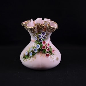 Lefton China Hand-Painted Pink & Blue Bell Flowers, Porcelain Vase with Green and Gold Accents. 4&quot; Tall
