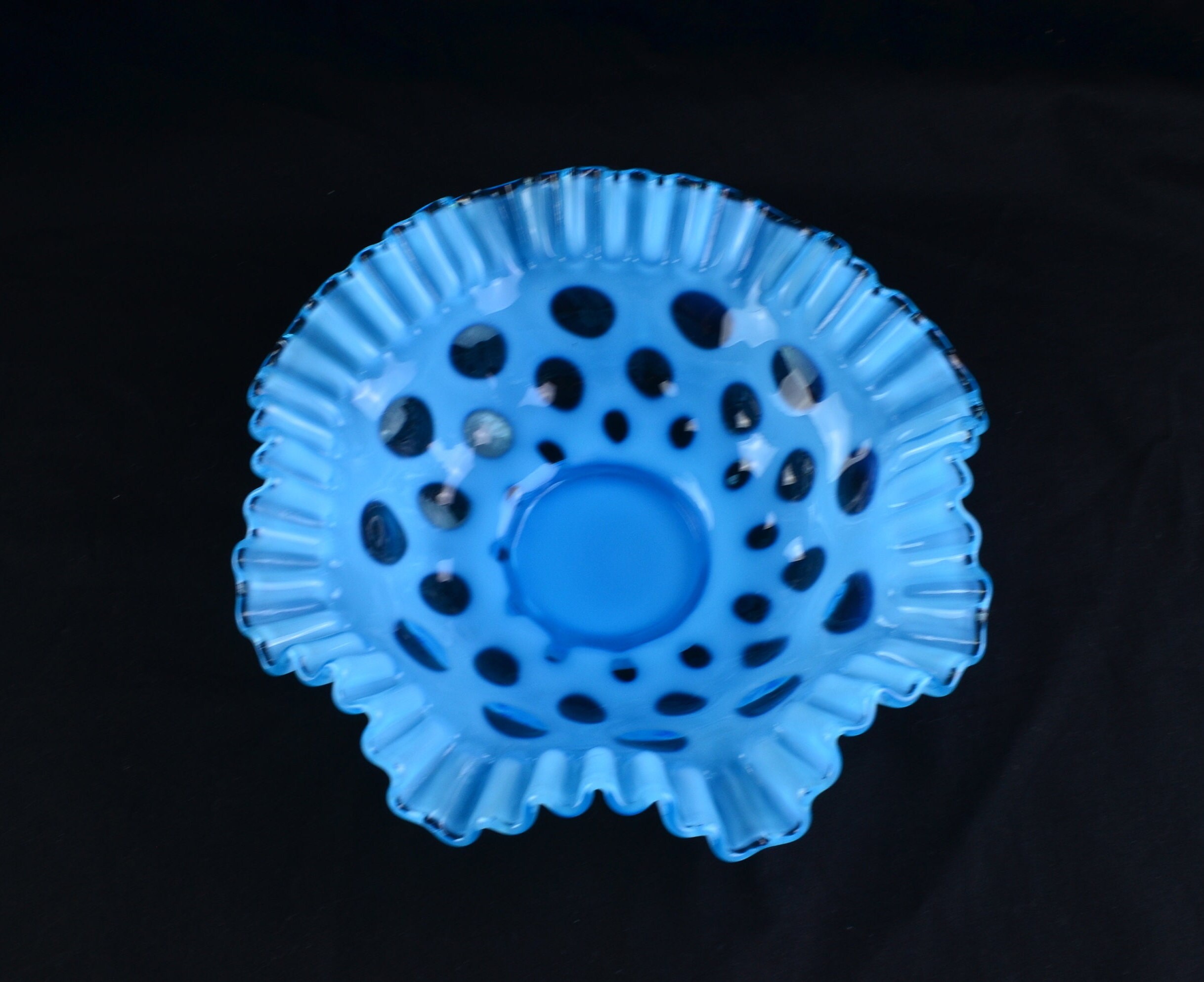 Fenton Blue Coin Dot Opalescent Cased Glass, Hand-blown With