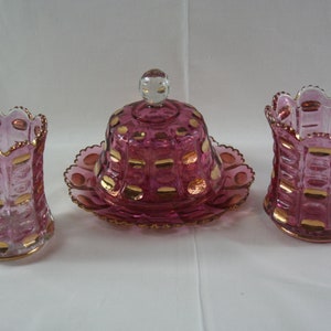 Beaumont Glass &quot;Elipses&quot; Pattern Gold Thumbprints Maidens Blush EAPG Spooner, Sugar Bowl and Butterdish (1920s/30s), Sold Individually.