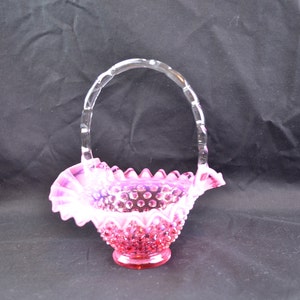 Fenton Light Cranberry Opalescent Hobnail Basket with a Ruffled Crimped Edge with a Crimped Handle, Hand-Blown Glass