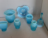 Fenton Blue Opalescent Hobnail Assorted Glass, Excellent Condition. Small Bud Vases, Fan, Curved Hat, Candy Tray, Medium Flower Vase, Bell