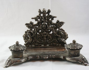 Silver Plated Bronze Desktop Rococo with Cherubs Double Inwell and Letter Holder (1920s)