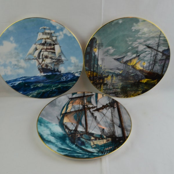 Stobart Maritime Art Plates, by Royal Doulton, Sailing with the Tide 1976, Running Free 1977, Rounding the Horn 1978, with Original Cases