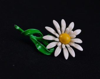 Daisy Brooch, Vintage Pin, 2.25" Long, White petals, Green Stem and Leaves, Enameled Metal.
