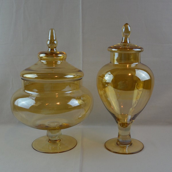 Hand-Blown Circus Tent Apothecary/Bonbon Lidded Pedestal Compote, Champagne Color Iridescent Finish, Hand-Blown Glass