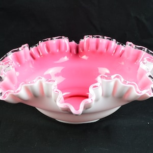 Fenton Hand-Blown Peach Crest Cased Milk Glass with Pink and Clear Ruffled Edge 10.5&quot; Bowl.