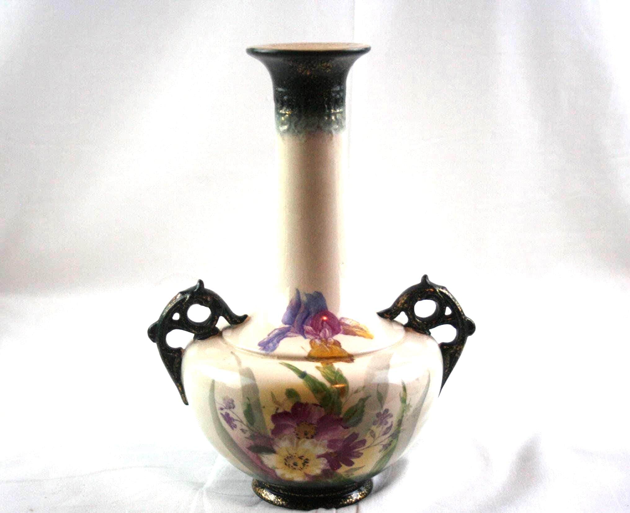 Grand Vase Ancien Royal Bonn – Art Nouveau, Porcelaine, Motif Floral, 22 Pouces